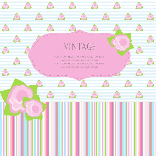 Linda tarjeta de felicitaciones con rosas pequeñas sobre fondo rayado. Fondo sin costuras incluido . — Archivo Imágenes Vectoriales