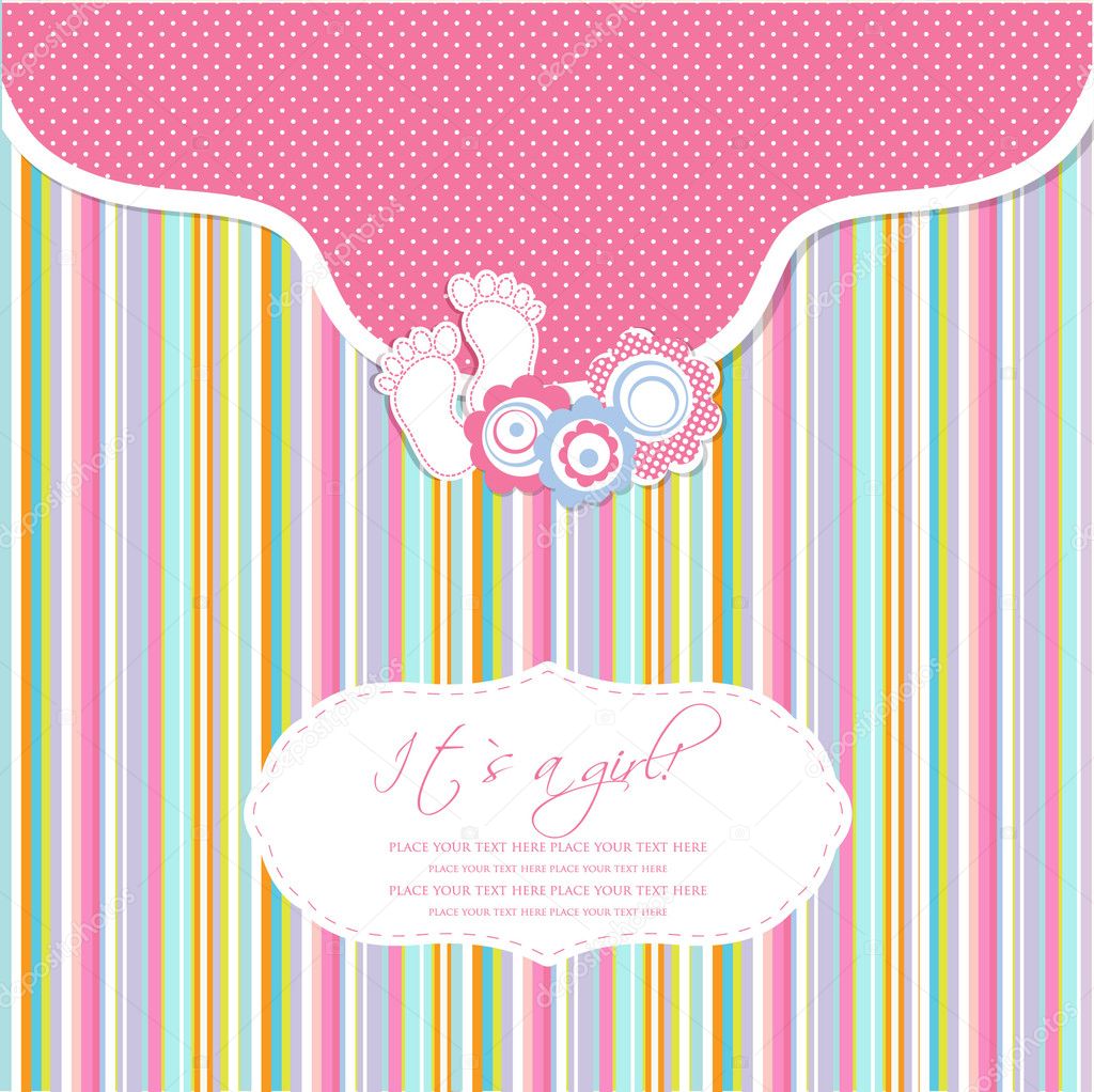 Baby girl shower card with foot steps and frame for your text