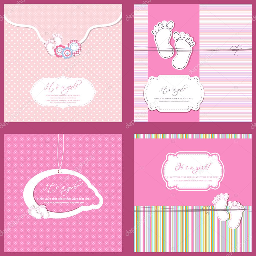 Set of four baby girl shower card in blue colors