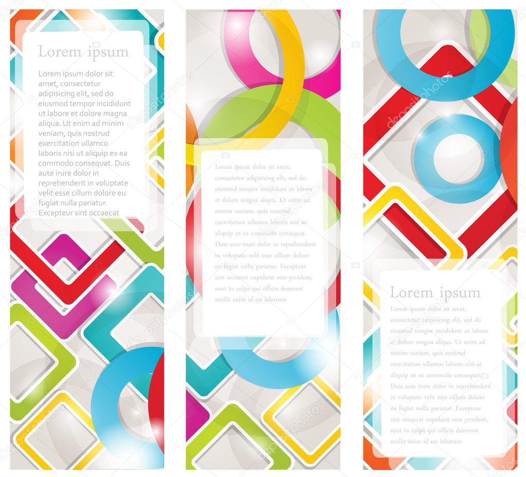 Set of four multicolored banners with circles and squares. Vector format for your design