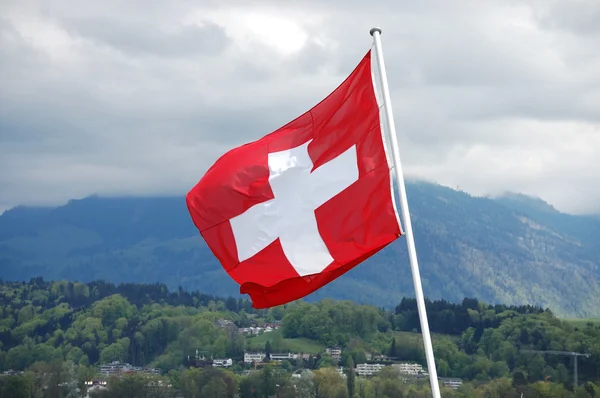 Beautiful mountain with Swiss flag - Swiss Alps — Stock Photo, Image