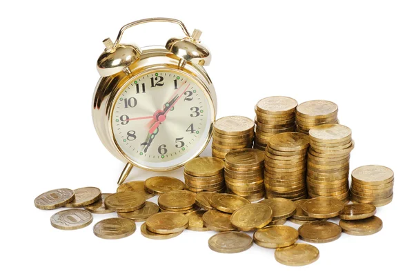 Relógio despertador e dinheiro isolado no fundo branco — Fotografia de Stock