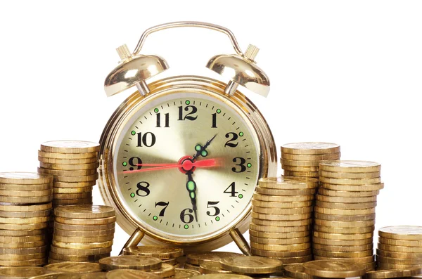 Alarm clock and money isolated on white background — Stok fotoğraf