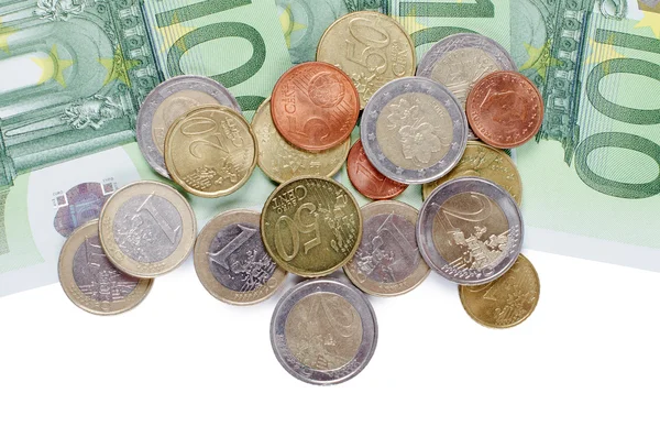 Verschillende euro valuta biljetten en munten — Stockfoto