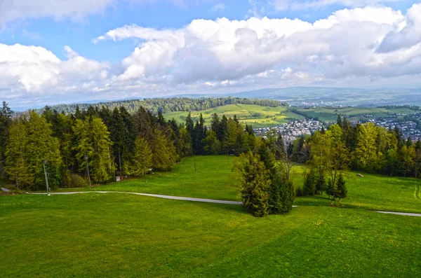 Alppimaisema Itävallassa: vuoret, metsät, niityt ja maatila — kuvapankkivalokuva