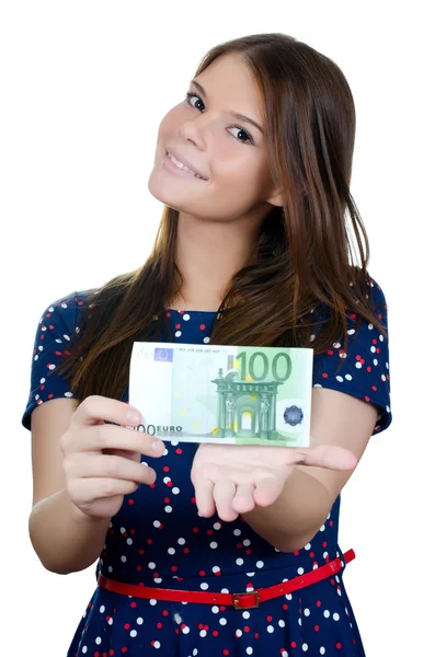 Den vackra flickan med eurosedlar — Stockfoto
