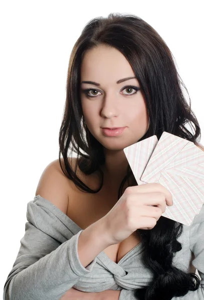 Красивая девушка с игральной картой — стоковое фото
