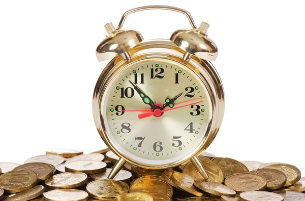 Reloj despertador y dinero aislados sobre fondo blanco —  Fotos de Stock