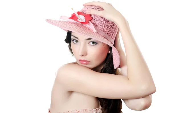 Portrait of the girl in a beach hat — Stock Photo, Image