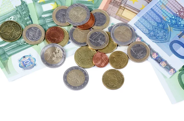 Різні євро валюті рахунки та монети — стокове фото