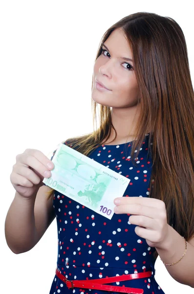Красивая девушка с банкнотами евро — стоковое фото