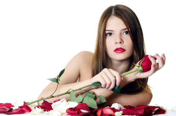 The beautiful girl with petals of roses isolated — Stock Photo, Image