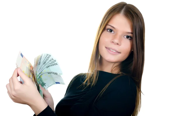 Fata frumoasă cu bancnote euro — Fotografie, imagine de stoc