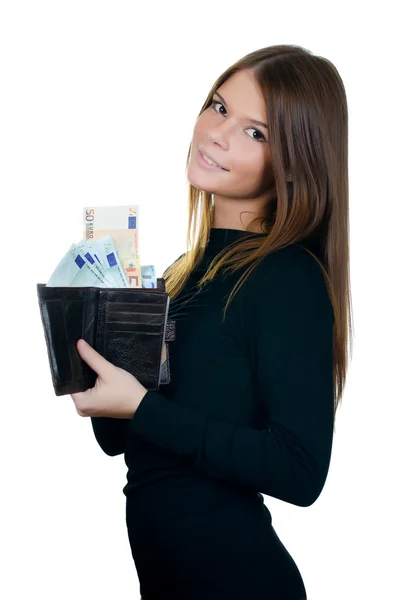 La hermosa chica con billetes en euros — Foto de Stock