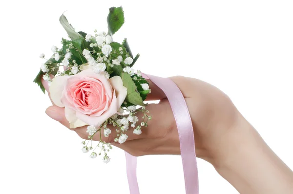 Pink rose in female hands — Stock Photo, Image