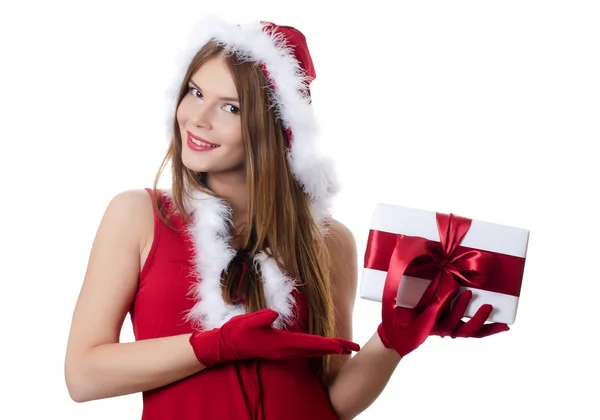 Boże Narodzenie dziewczyna z pola prezenty na białym tle — Zdjęcie stockowe