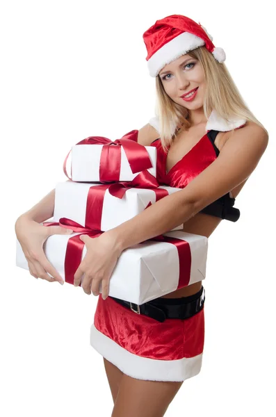 Christmas flicka med lådor med gåvor isolerade — Stockfoto