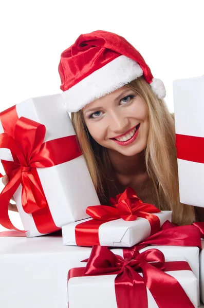 Рождественская девушка с коробками подарков изолированы — стоковое фото