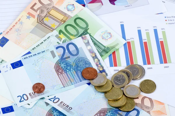 Různé euro měny bankovky a mince — Stock fotografie