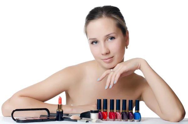 O belo jogo de cosméticos de mulher — Fotografia de Stock
