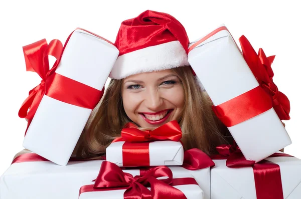 A menina de Natal com caixas de presentes isolados — Fotografia de Stock