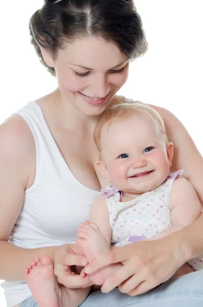 Gelukkig moeder met baby over wit — Stockfoto