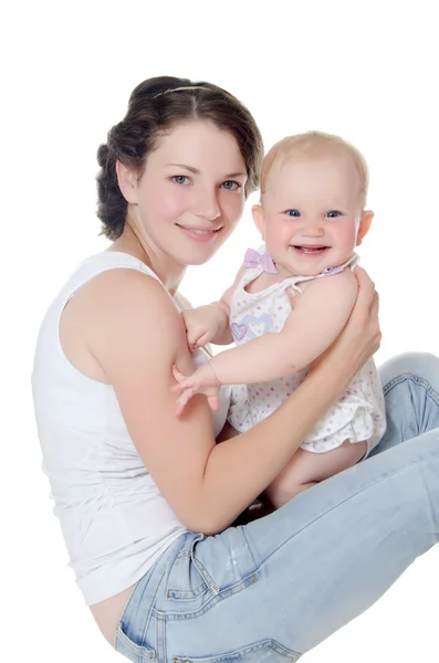 Lycklig mor med barnet över vitt — Stockfoto