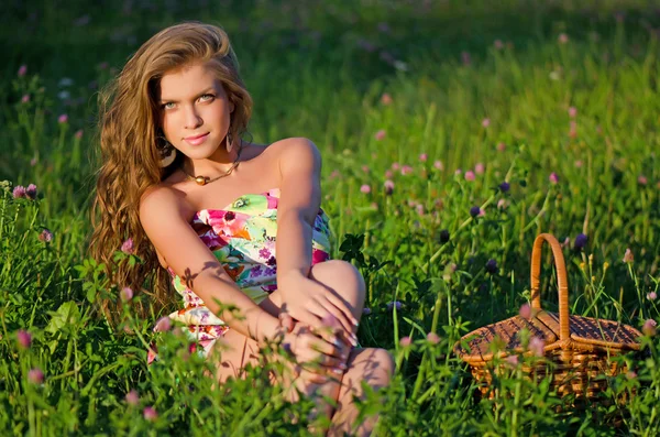 Дівчина сидить у траві з кошиком на заході сонця — стокове фото