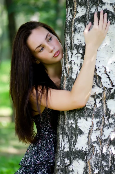 La hermosa chica se levanta un árbol — Foto de Stock