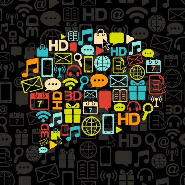 Vector communication bubble made from colorful icons on black clipart