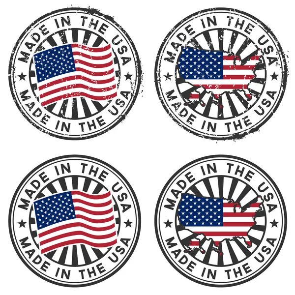 Francobollo con mappa, bandiera degli Stati Uniti. Prodotto negli Stati Uniti . — Vettoriale Stock