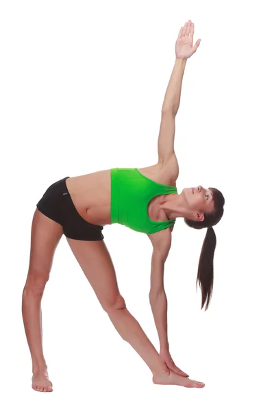 Жінка в позі йоги, ізольована на білому тлі — стокове фото