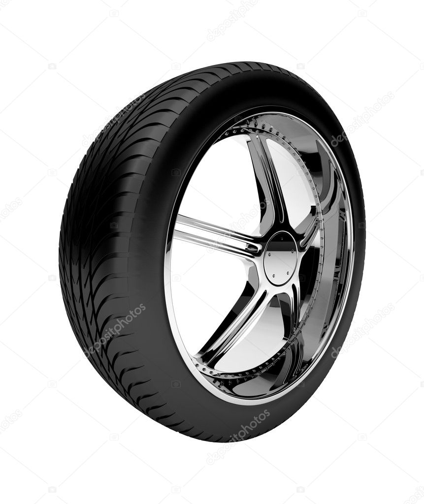 3d tire with forged disk, isolated on white background.