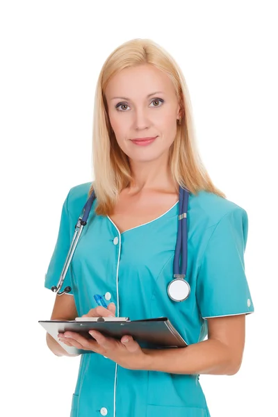 Lachende vrouw van arts met een stethoscoop en Klembord — Stockfoto