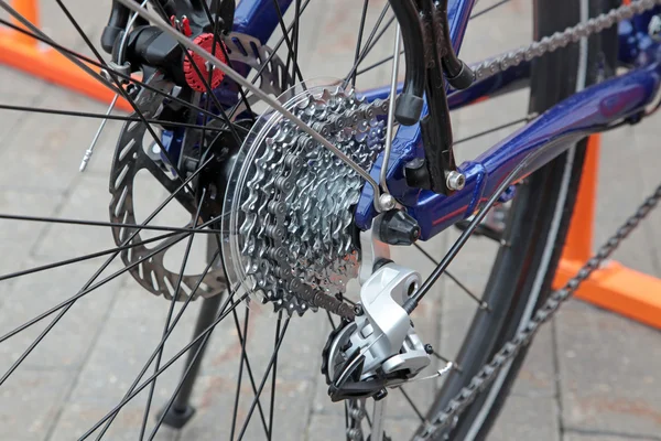 Detalhe da roda traseira da bicicleta de montanha — Fotografia de Stock