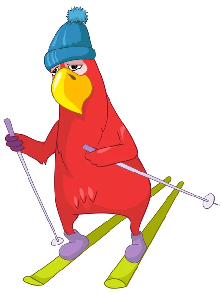 Funny Parrot. Skiing. — Stock Vector