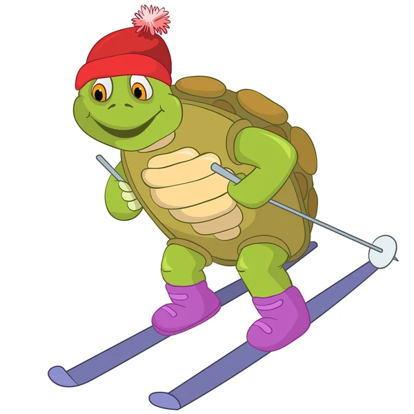 Lustige Schildkröte. Skifahren. — Stockvektor