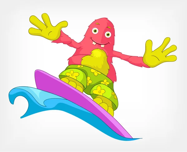 Funny Monster. Surfing. — Stock Vector