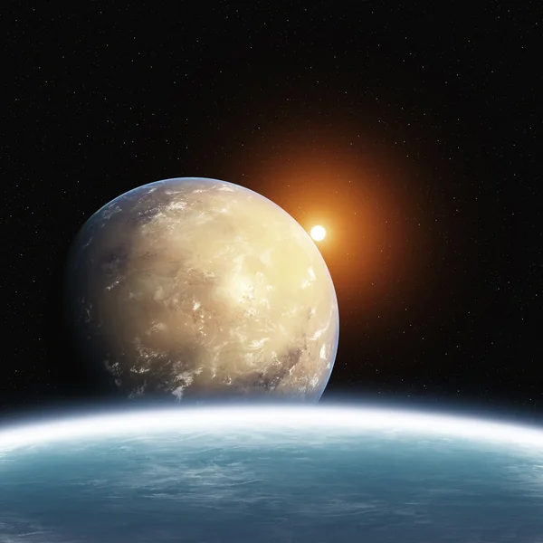 上升沙漠行星与地球和太阳 — 图库照片