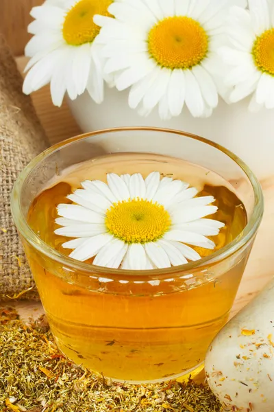 Healthy chamomile tea, mortar with daisies — Stock Photo, Image