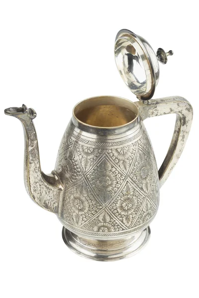 复古银茶壶，在白色背景上孤立的水罐 — 图库照片
