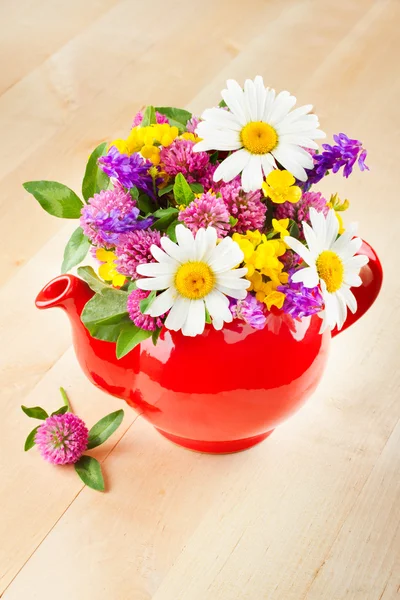 Rood theepot met boeket van healing kruiden en bloemen — Stockfoto