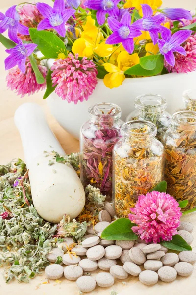 Different healing herbs in glass bottles, flowers bouquet in mort — Stock Photo, Image