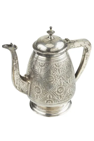 Retro gümüş çaydanlık, üzerinde beyaz izole sürahi — Stok fotoğraf