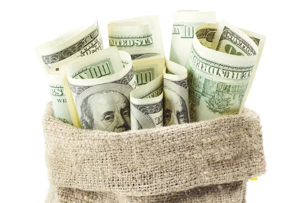 Dollar sedel i en säck — Stockfoto