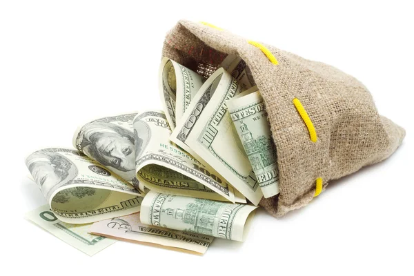 Dollar sedel i en säck — Stockfoto