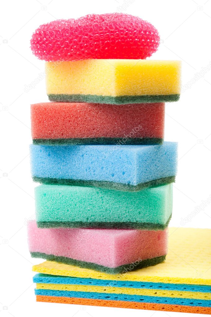 Pile of dish washing sponge, dishcloth, scrub pad for kitchen an