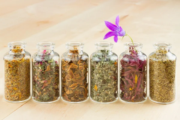 Hierbas curativas en frascos de vidrio, hierbas medicinales —  Fotos de Stock