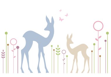 Cute deers with floral background, vector clipart