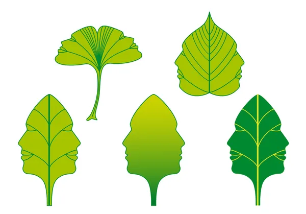 Green leaves with faces, vector set — Stock Vector